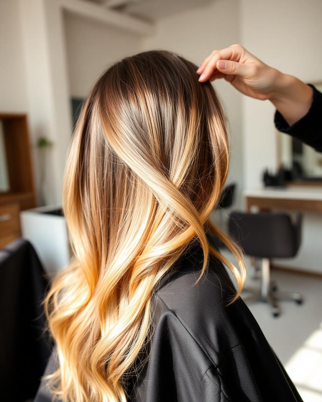 Balayage-Ergebnis in warmen Karamelltönen, gefärbt bei MadoFarah Beauty in Frankfurt-Höchst.
