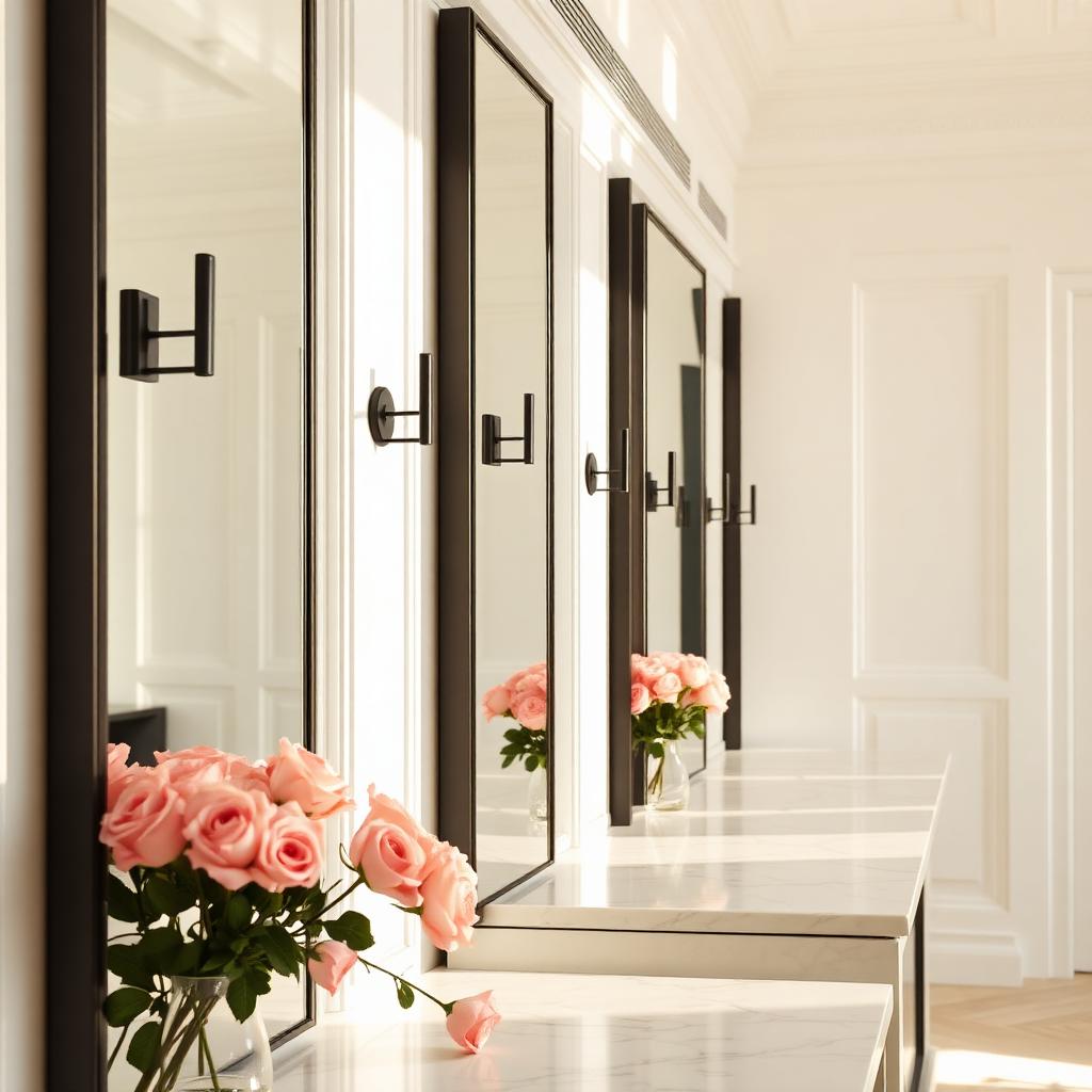 Spiegelreihe mit schwarzen Wandleuchten und Rosen auf Marmor.
