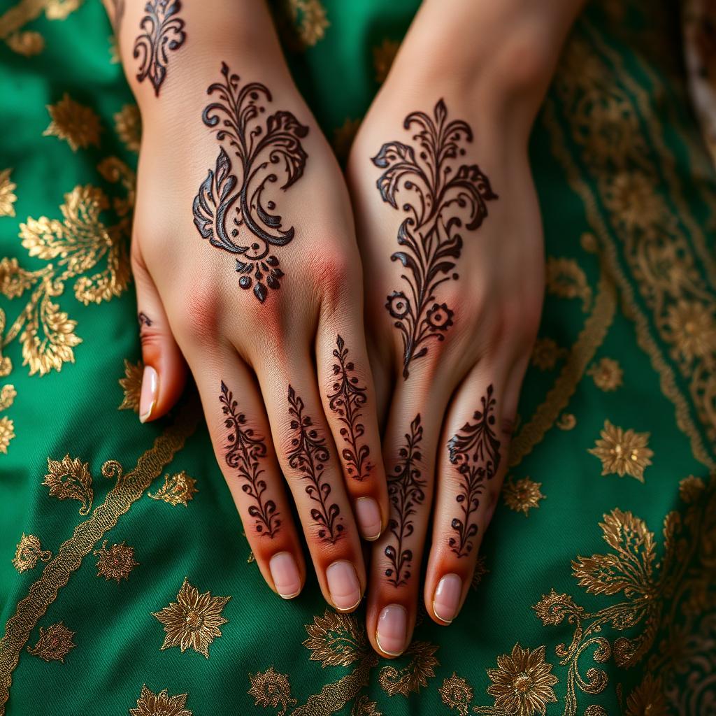Hände mit frischem Henna-Muster auf grün-goldenem Stoff.